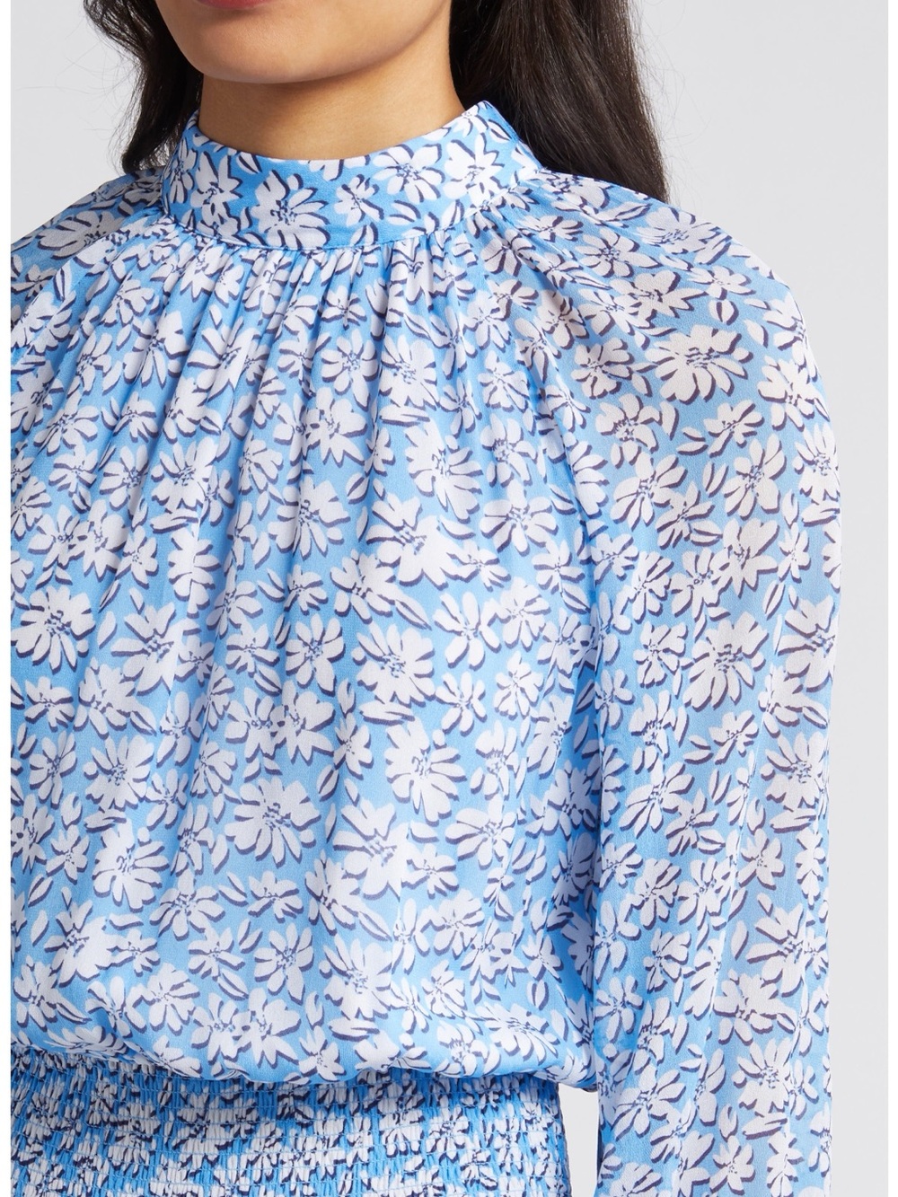 Blue and White Floral Long-Sleeve Smocked Waist Dress - Picture 3 of 6